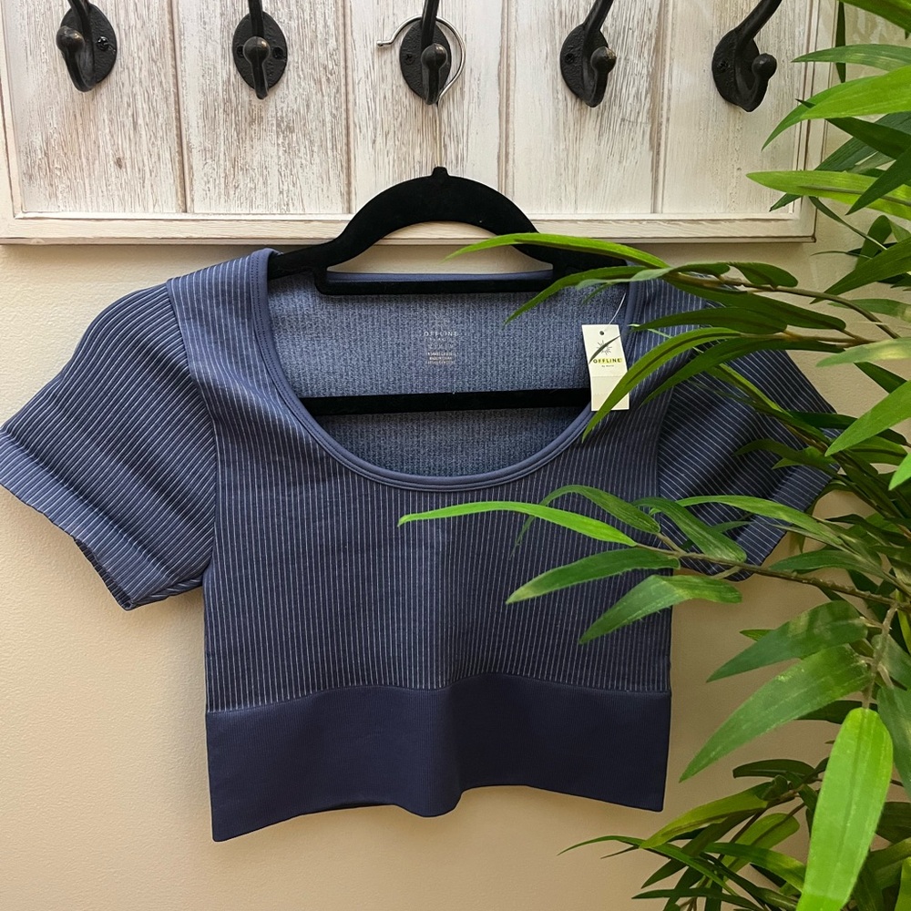 Offline by Aerie Women’s Blue Ribbed Short Sleeve Crop Top, Size M, NWT